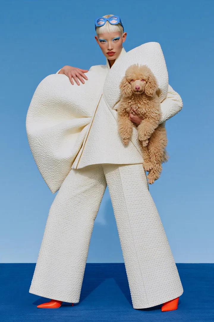 Editorial: a model in a sculpted white suit holding a tan poodle against blue